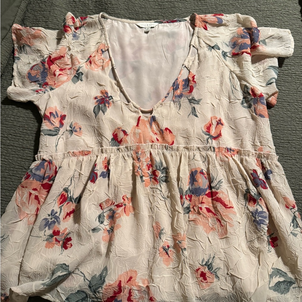 Lucky Brand Floral V-Neck Blouse - Cream and Red